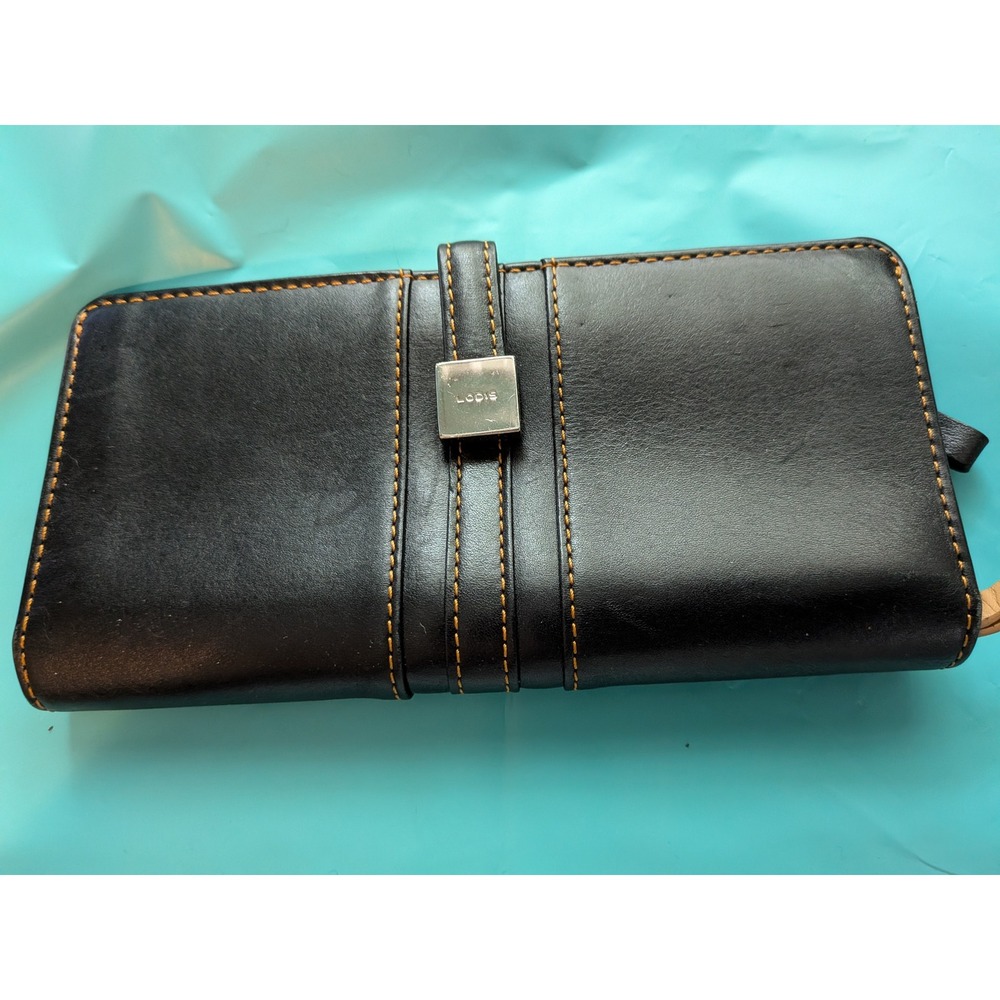 Lodis Black Leather Tri-fold Clutch Wallet with Tan Contrast Stitching